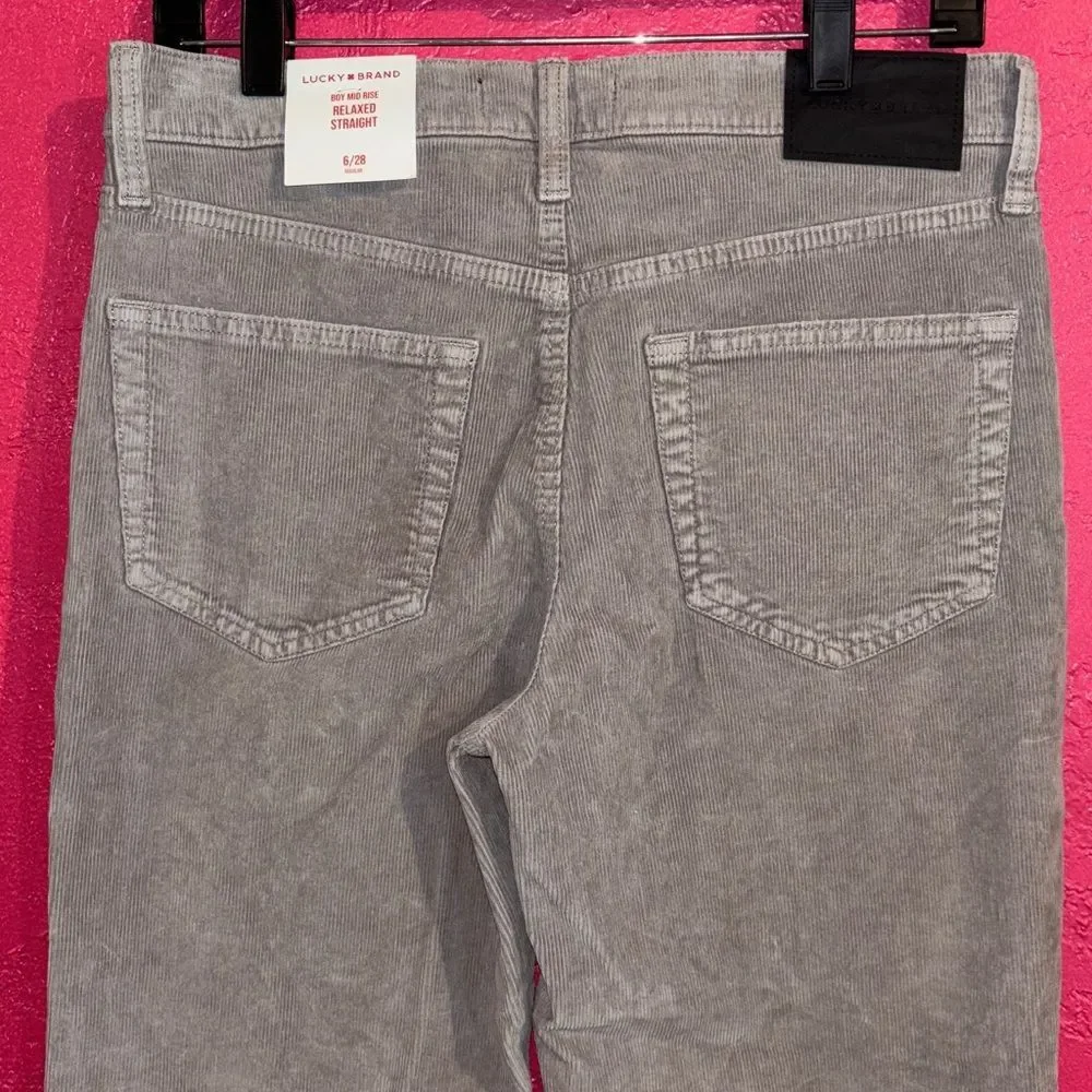 NWT Lucky Brand Boy midrise relaxed straight leg grey corduroys. Sz 28/6 regular